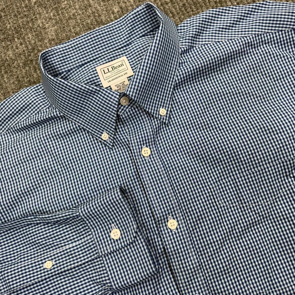LL Bean Mens Blue Gingham Traditional Fit Cotton Button Down Shirt 17.5 35